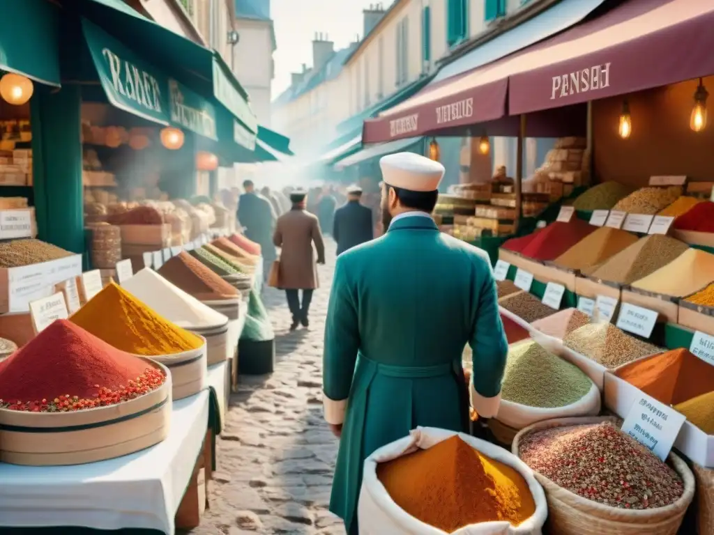 Vibrante mercado francés, impacto global del comercio en la cocina francesa, especias coloridas y bullicio multicultural