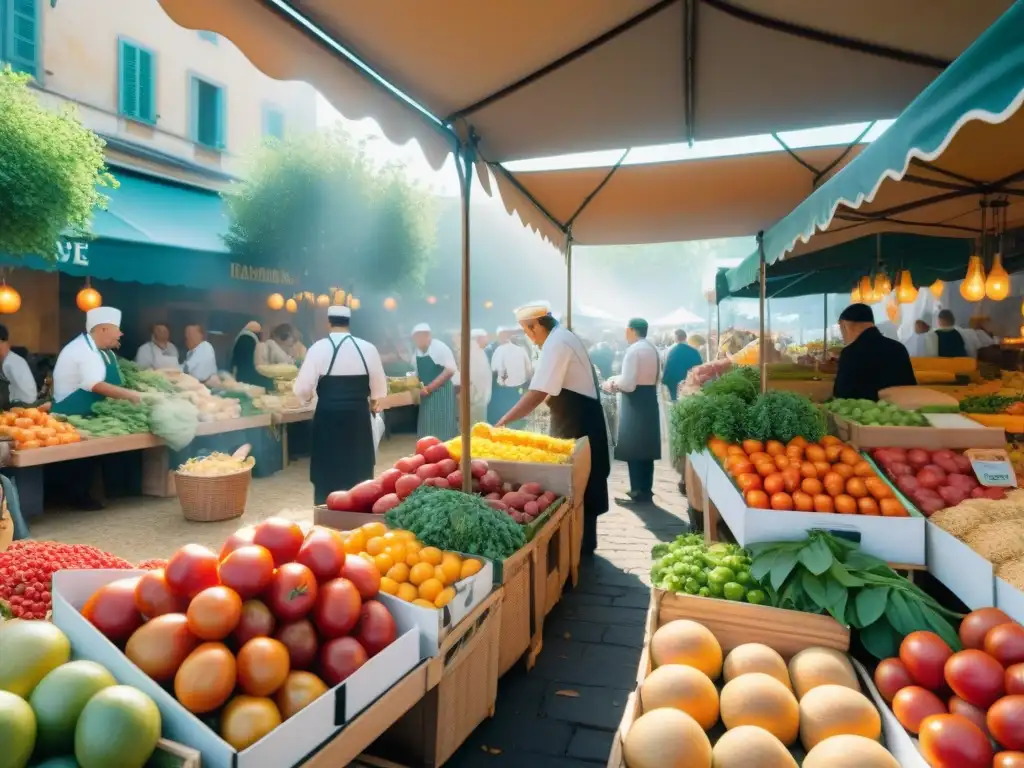 Un vibrante mercado francés con influencia cultural, lleno de productos frescos y chefs seleccionando ingredientes