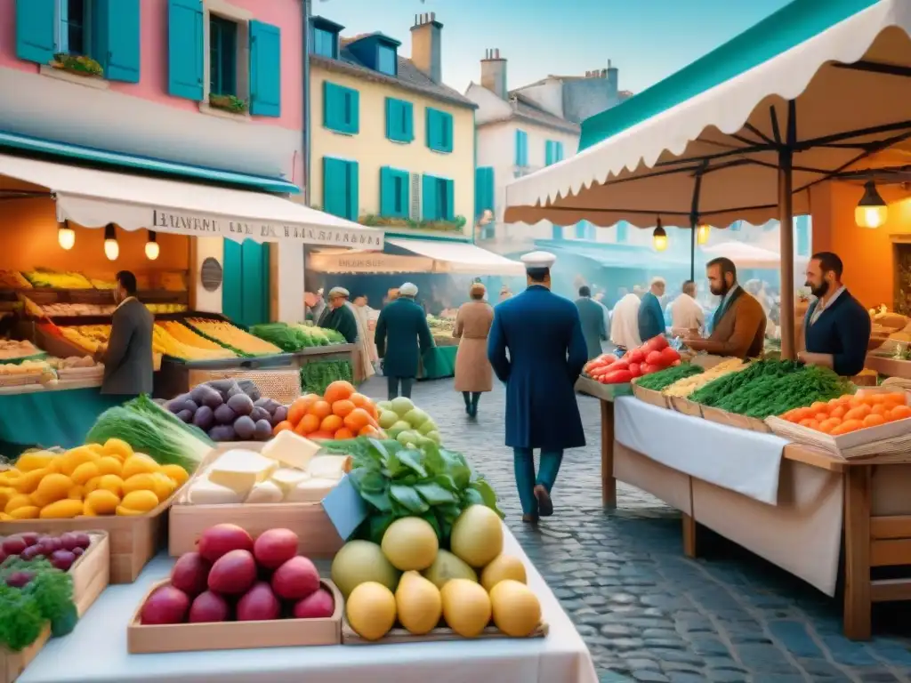 Vibrante mercado francés con influencia cultural cocina francesa: puestos coloridos de frutas, verduras y quesos