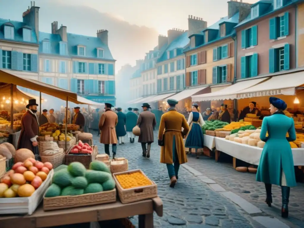 Vibrante mercado francés durante la Revolución, mostrando la influencia en el arte culinario del siglo XVIII