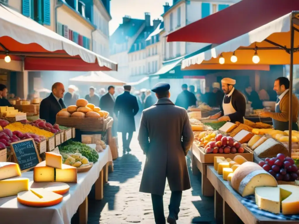 Vibrante mercado francés con influencia gastronomía francesa cocina: quesos, pan fresco, frutas y verduras coloridas