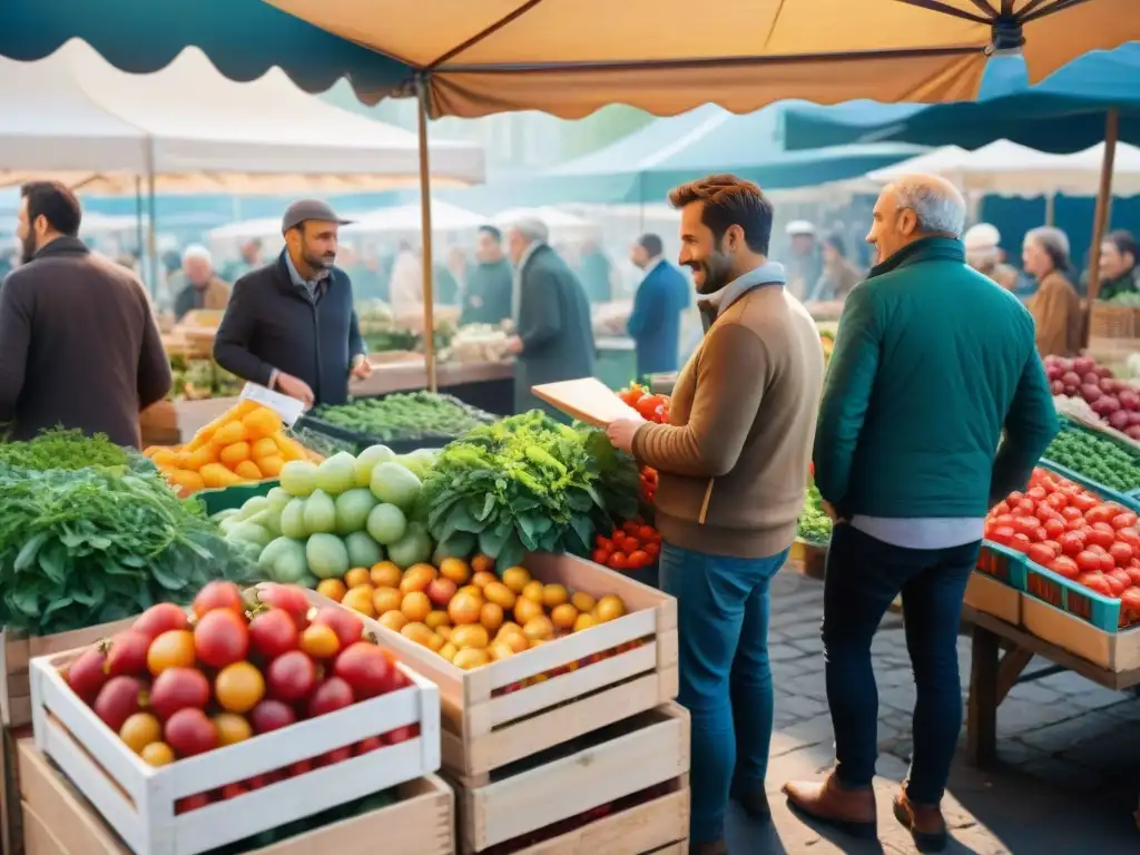 Un vibrante mercado francés con ingredientes frescos y coloridos, reflejando la evolución de la cocina francesa