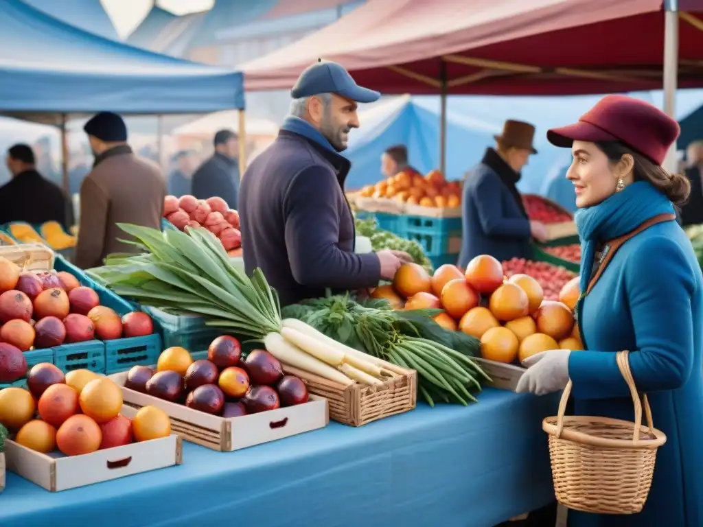 Un vibrante mercado francés de invierno con frutas y verduras de temporada en cestas rústicas bajo un cielo azul claro