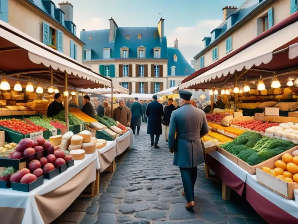 Vibrante mercado francés lleno de coloridos productos frescos, quesos y pasteles