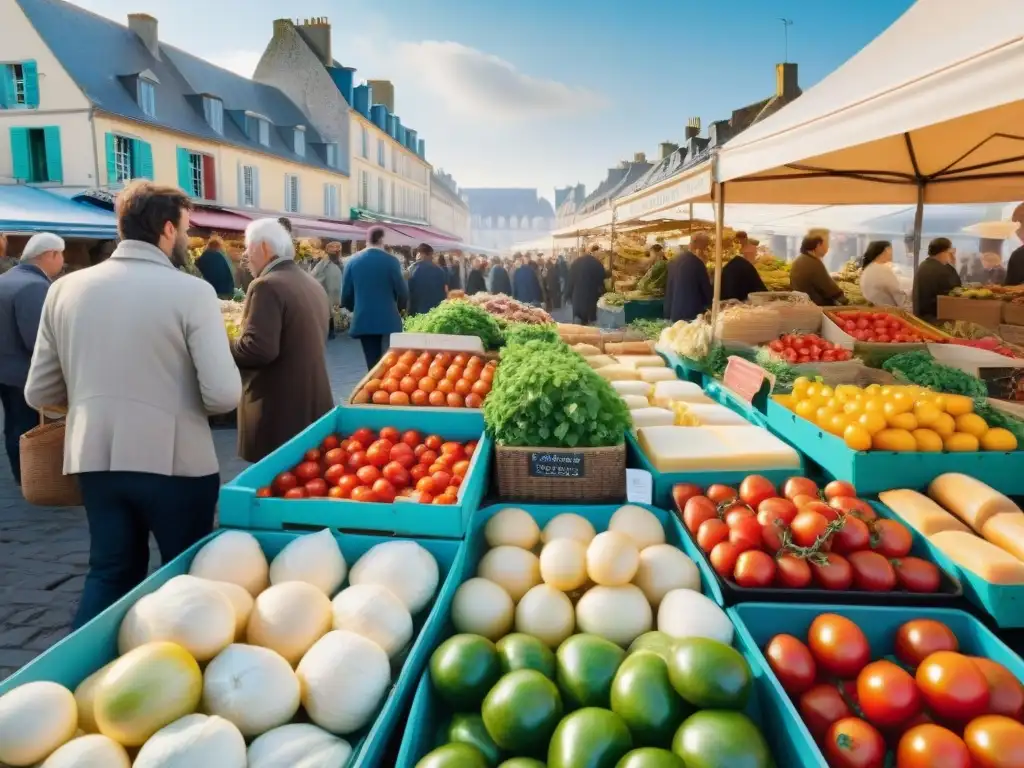 Un vibrante mercado francés en Normandía, lleno de productos frescos locales y gastronomía tradicional