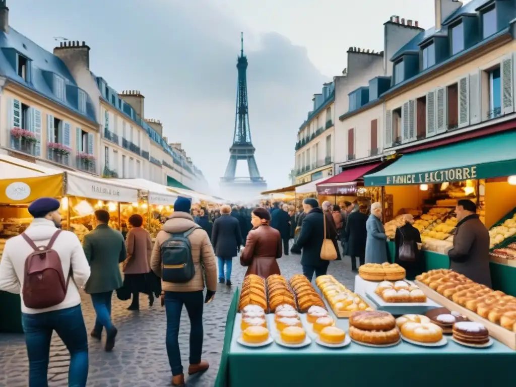 Vibrante mercado francés con Galette des Rois en París, evocando el origen Galette des Rois Francia