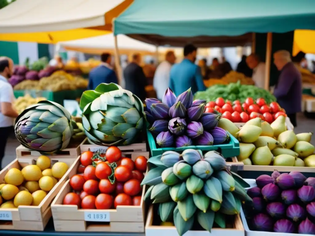 Vibrante mercado francés con productos frescos: alcachofas moradas, tomates rojos, calabacines verdes y peras amarillas