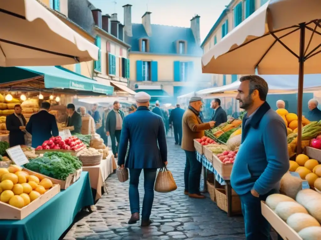 Un vibrante mercado francés con productos frescos en la dieta mediterránea: frutas, verduras, quesos y pan recién horneado, repleto de vida y color