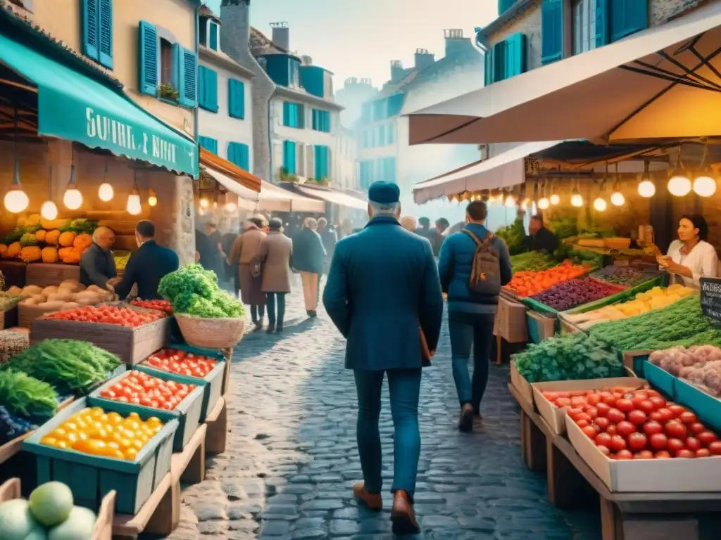 Vibrante mercado francés con productos frescos: tomates, uvas y hierbas