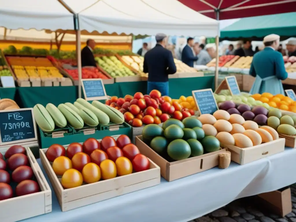 Un vibrante mercado francés con productos frescos y tradicionales, una escena gastronómica cautivadora