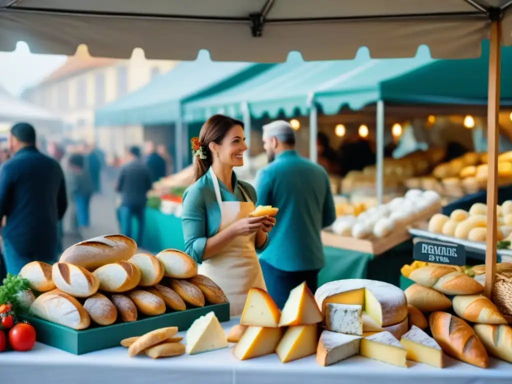 Un vibrante mercado francés con productos frescos y clientes interactuando con vendedores