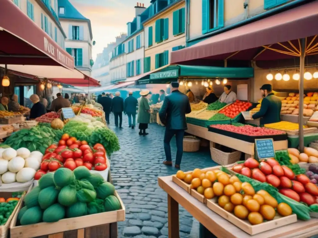 Un vibrante mercado francés con productos frescos y coloridos, evocando la cocina francesa y sus tradiciones culinarias