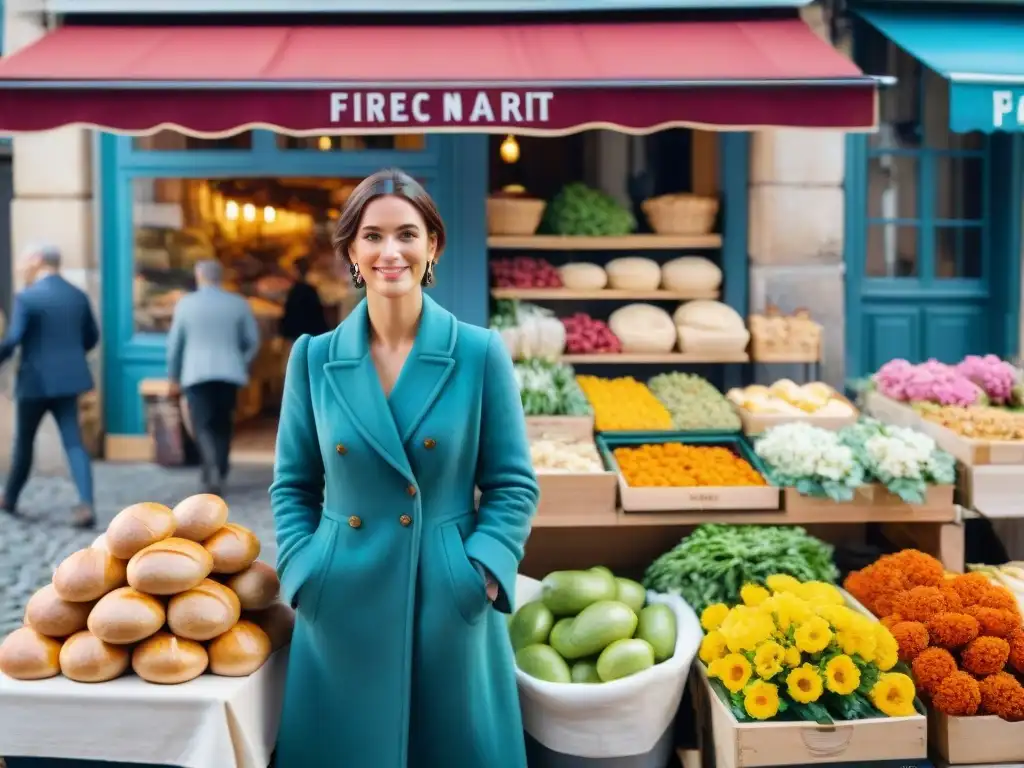 Un vibrante mercado francés con productos frescos y coloridas flores