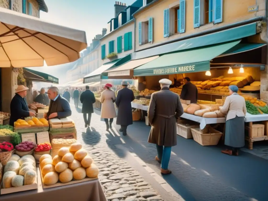 Vibrante mercado francés con productos frescos y una panadería tradicional