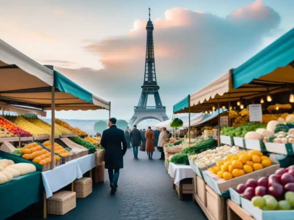 Vibrante mercado francés con productos frescos, quesos artesanales y flores, reflejando la influencia cultural gastronomía francesa