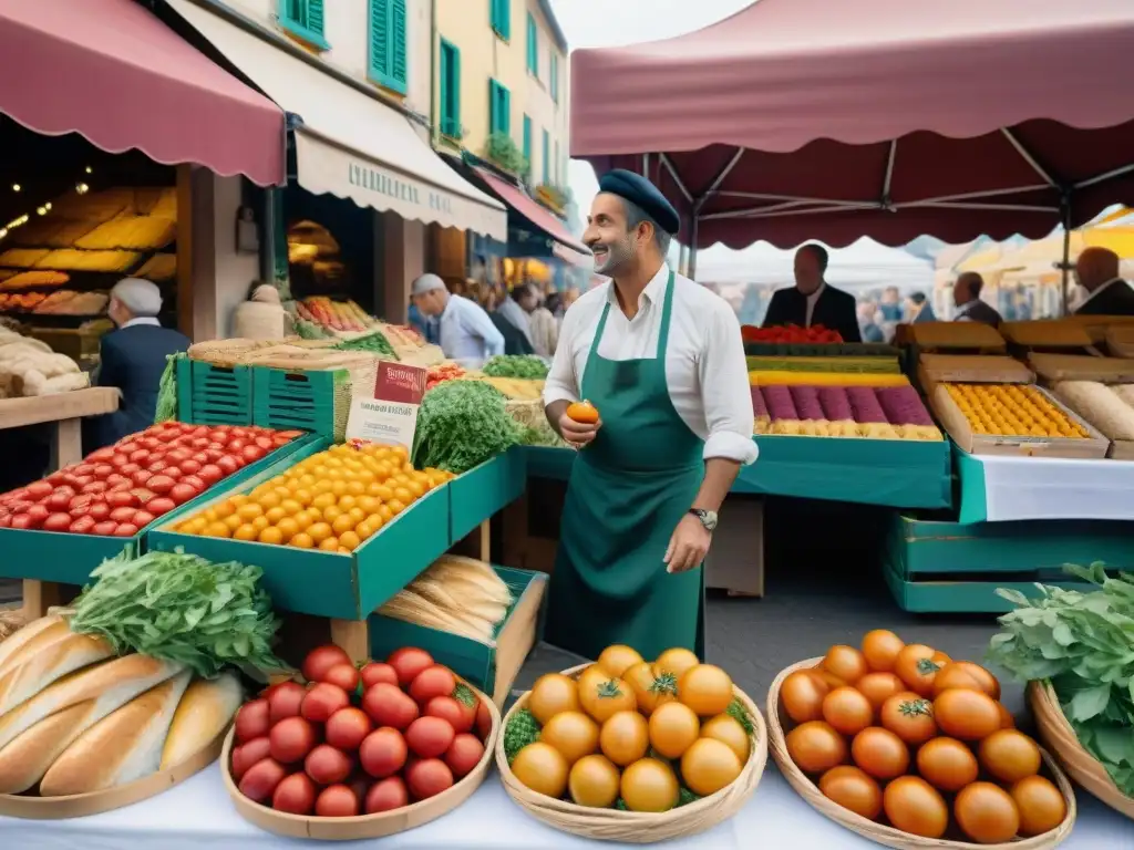 Vibrante mercado francés con productos frescos y música de acordeón