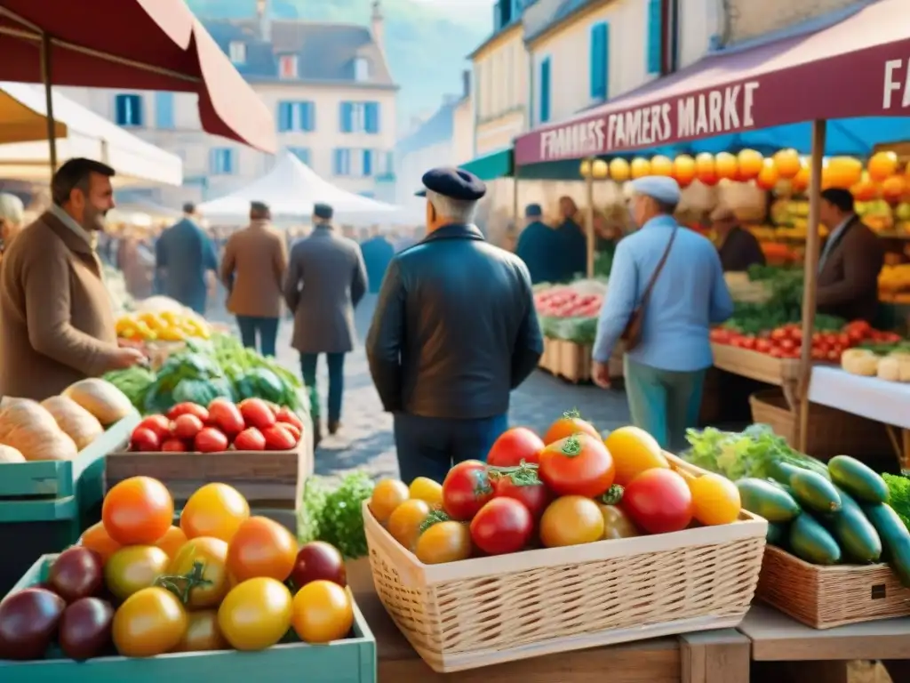 Un vibrante mercado francés con productos frescos, interacciones entre agricultores y clientes, influencia cultural gastronomía francesa