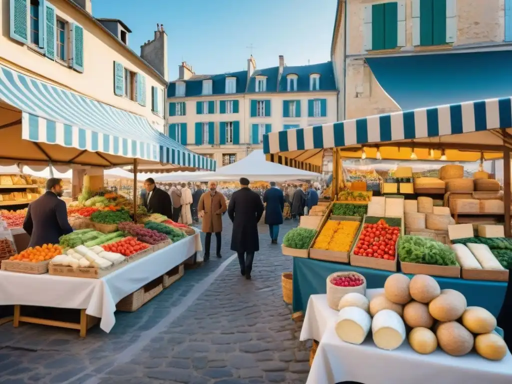 Vibrante mercado francés con productos frescos, quesos locales y flores coloridas