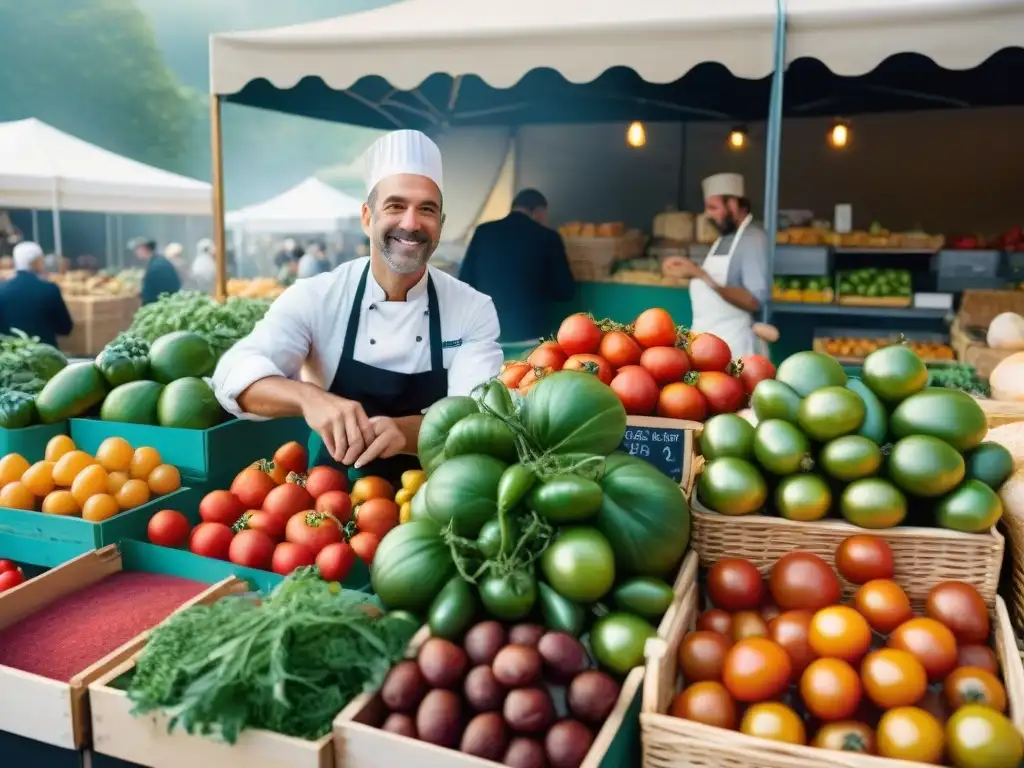 Un vibrante mercado francés con productos frescos, como tomates heirloom, hierbas aromáticas y pan recién horneado