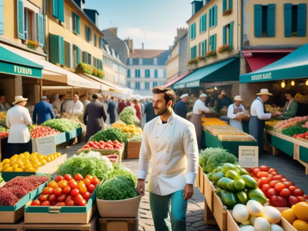 Un vibrante mercado francés con productos frescos y chefs seleccionando ingredientes para sus creaciones culinarias