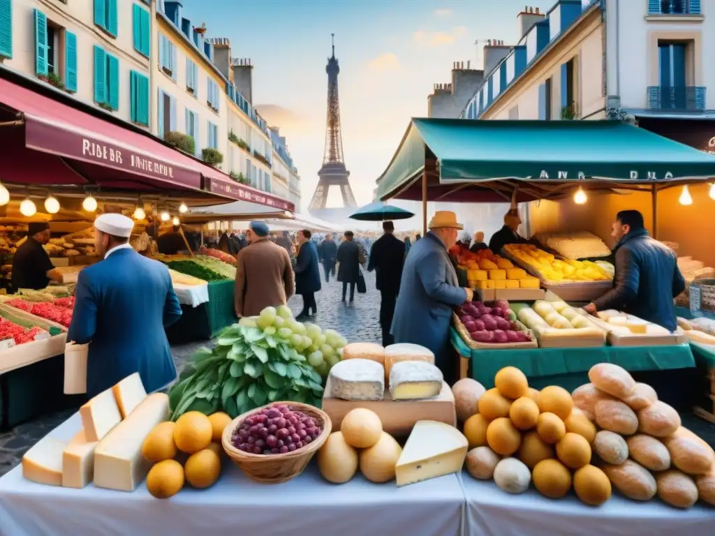 Vibrante mercado francés con productos coloridos y gente animada