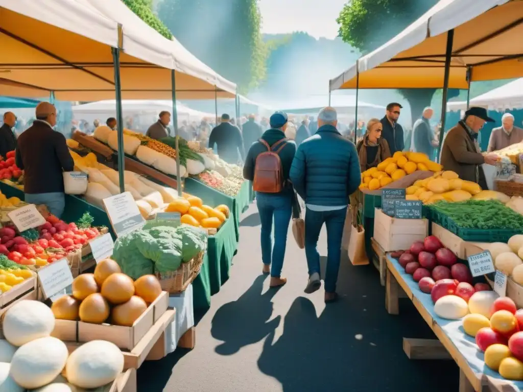 Un vibrante mercado francés con productos frescos y locales, reflejando la conexión entre consumidores y productos