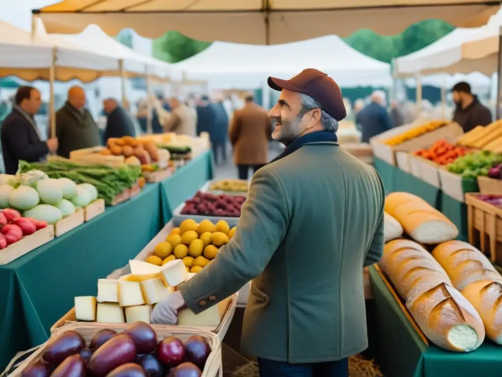 Vibrante mercado francés con productos frescos, quesos artesanales y baguettes