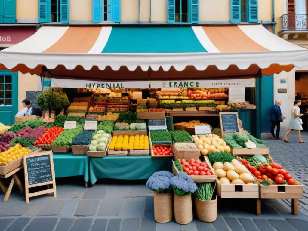 Un vibrante mercado francés con productos frescos, artesanales y flores bajo toldos rayados