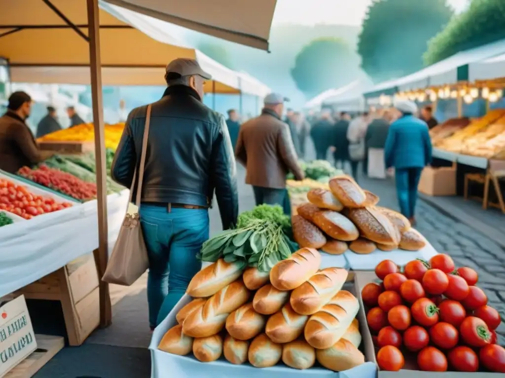 Vibrante mercado francés con productos frescos y panadería tradicional