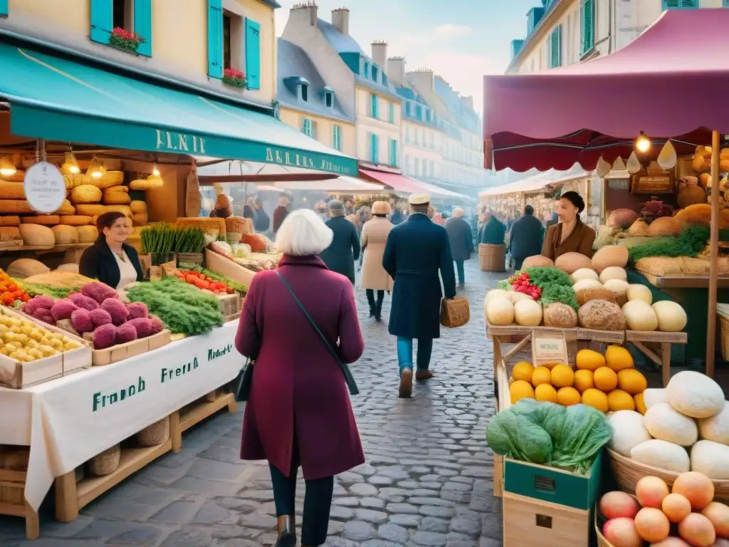 Vibrante mercado francés con productos frescos, pan artesanal y quesos locales