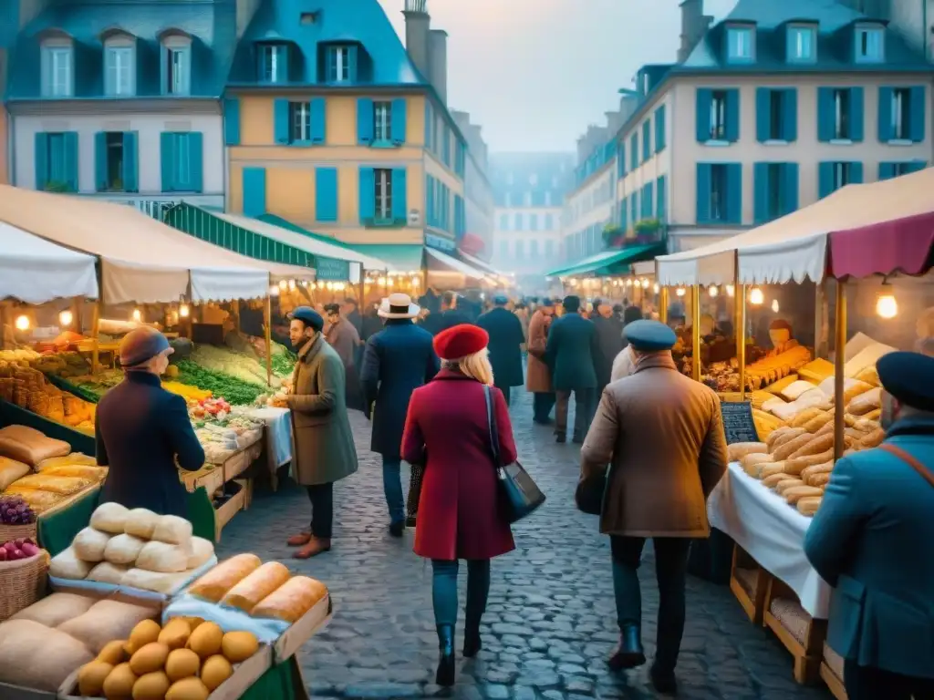 Vibrante mercado francés con productos frescos y coloridos, creando una atmósfera auténtica de la gastronomía francesa