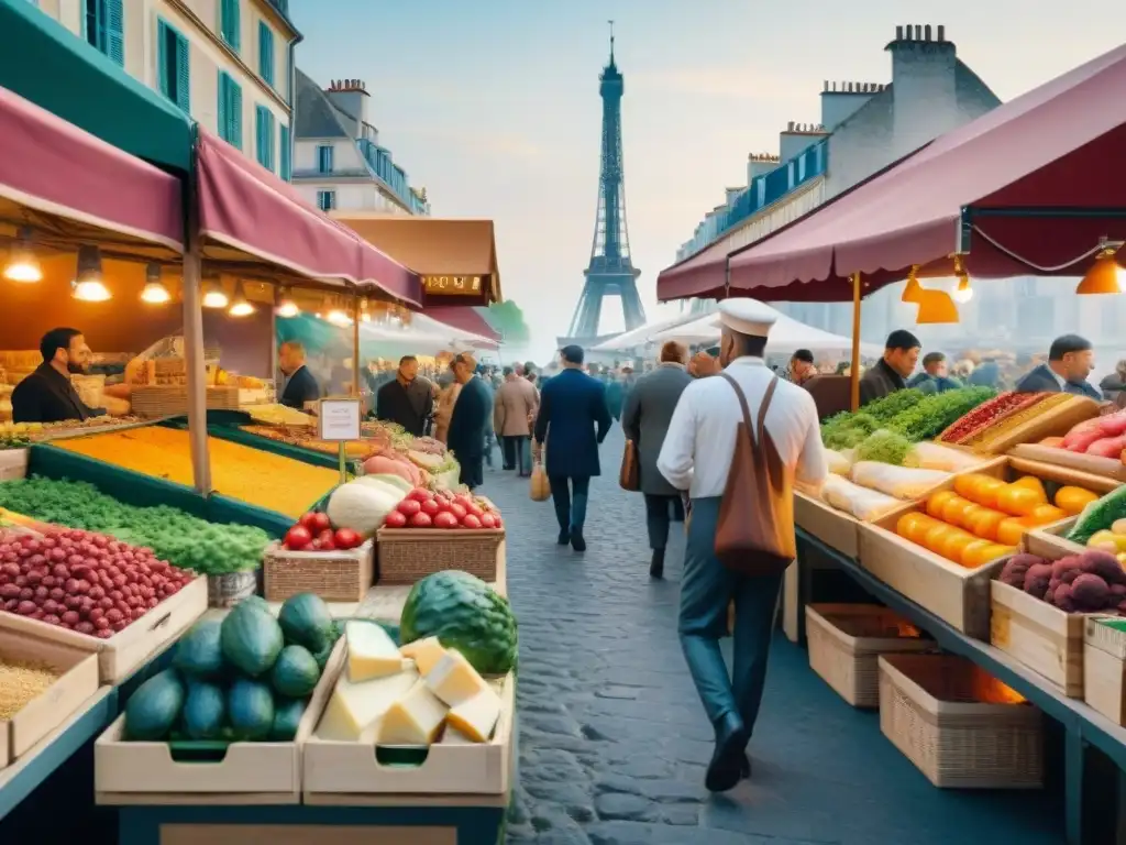 Vibrante mercado francés con productos frescos, especias coloridas y quesos artesanales, transmitiendo autenticidad y tradición