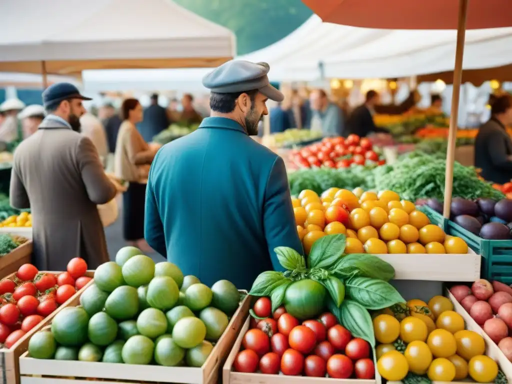 Un vibrante mercado francés con productos frescos y vendedores sostenibles, en armonía con un sistema de análisis alimentario AI