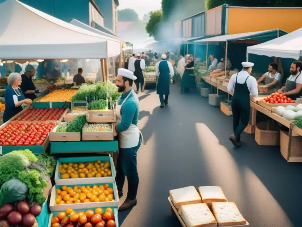 Un vibrante mercado francés con productos frescos y coloridos, chefs seleccionando ingredientes