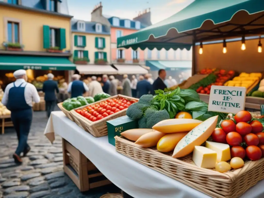 Vibrante mercado francés con productos frescos y tradicionales, historia gastronomía francesa aplicaciones educativas