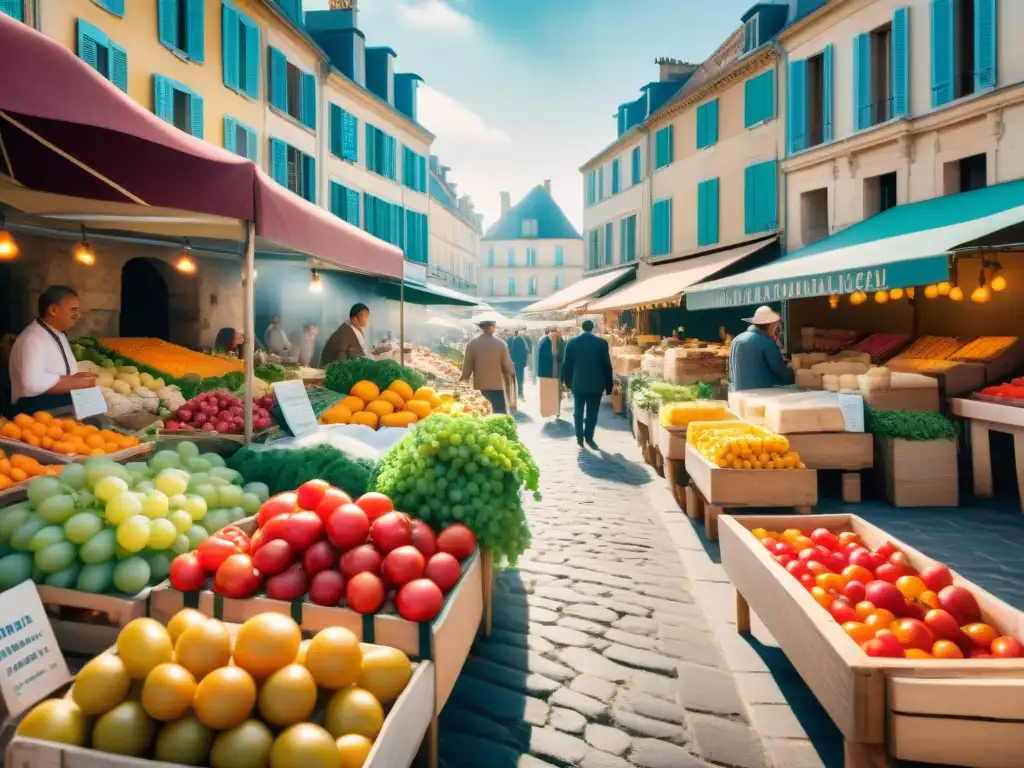 Vibrante mercado francés en Burdeos con productos frescos y coloridos