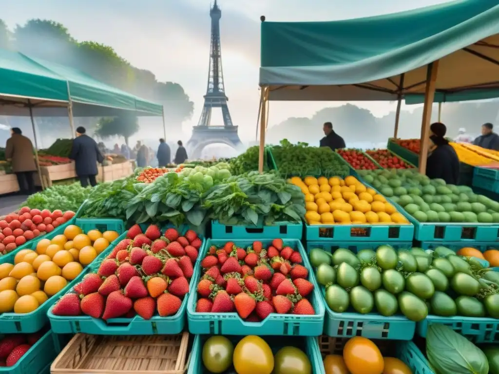 Un vibrante mercado francés con productos frescos y la Torre Eiffel al fondo