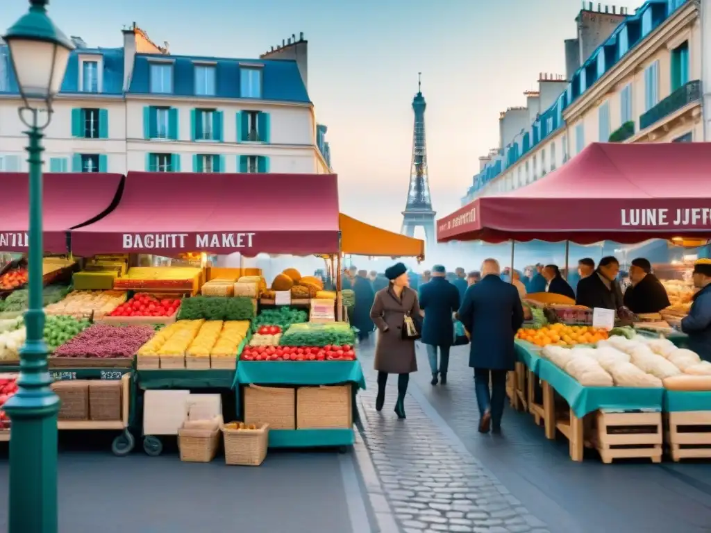 Vibrante mercado francés con productos frescos y la Torre Eiffel al fondo, evocando la Evolución de la cocina francesa