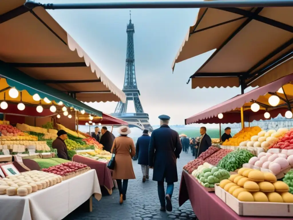 Vibrante mercado francés en París con productos frescos, quesos artesanales y baguettes