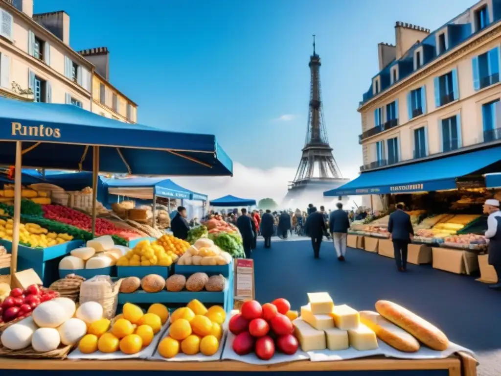 Vibrante mercado francés con productos coloridos bajo cielo azul y la Torre Eiffel al fondo, reflejando concursos cocina regional francesa