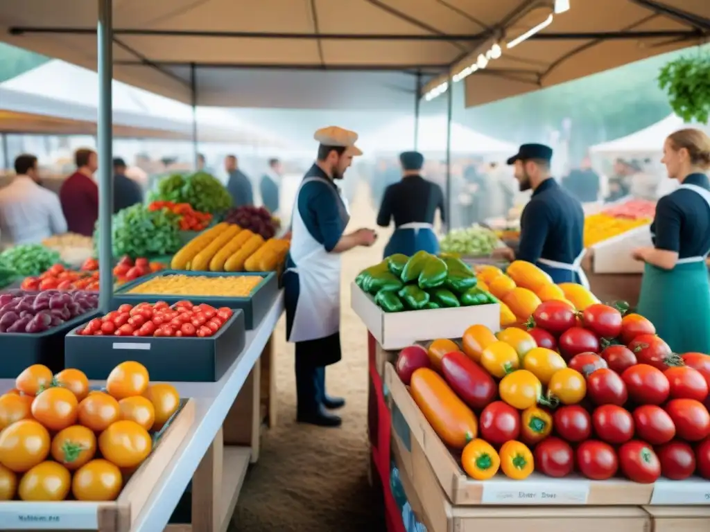 Un vibrante mercado francés con productos frescos y chefs seleccionando ingredientes, inspirando a estudiantes de gastronomía