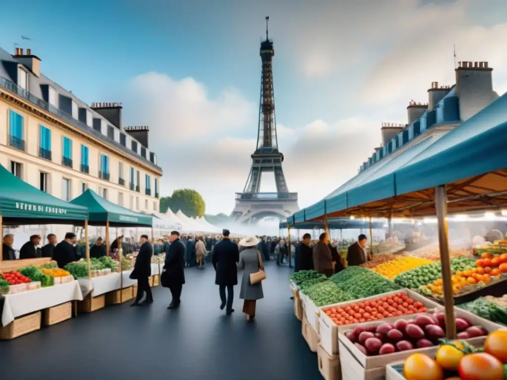 Un vibrante mercado francés con productos frescos y la Torre Eiffel al fondo, reflejando la Sostenibilidad en la cocina francesa