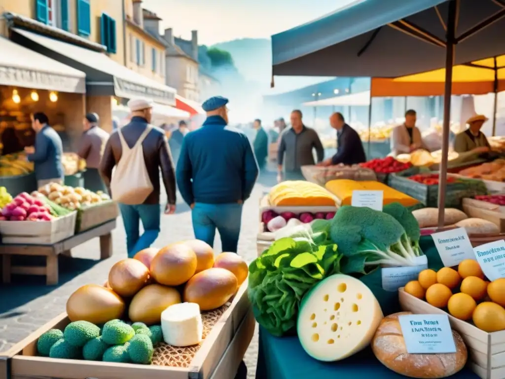 Un vibrante mercado francés en Provenza con productos frescos y coloridas flores, reflejo de películas gastronomía francesa recomendadas