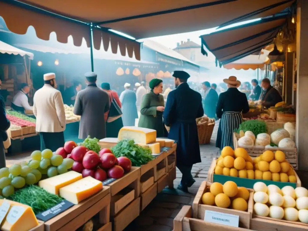 Vibrante mercado francés con puestos de productos frescos, quesos artesanales y hierbas aromáticas