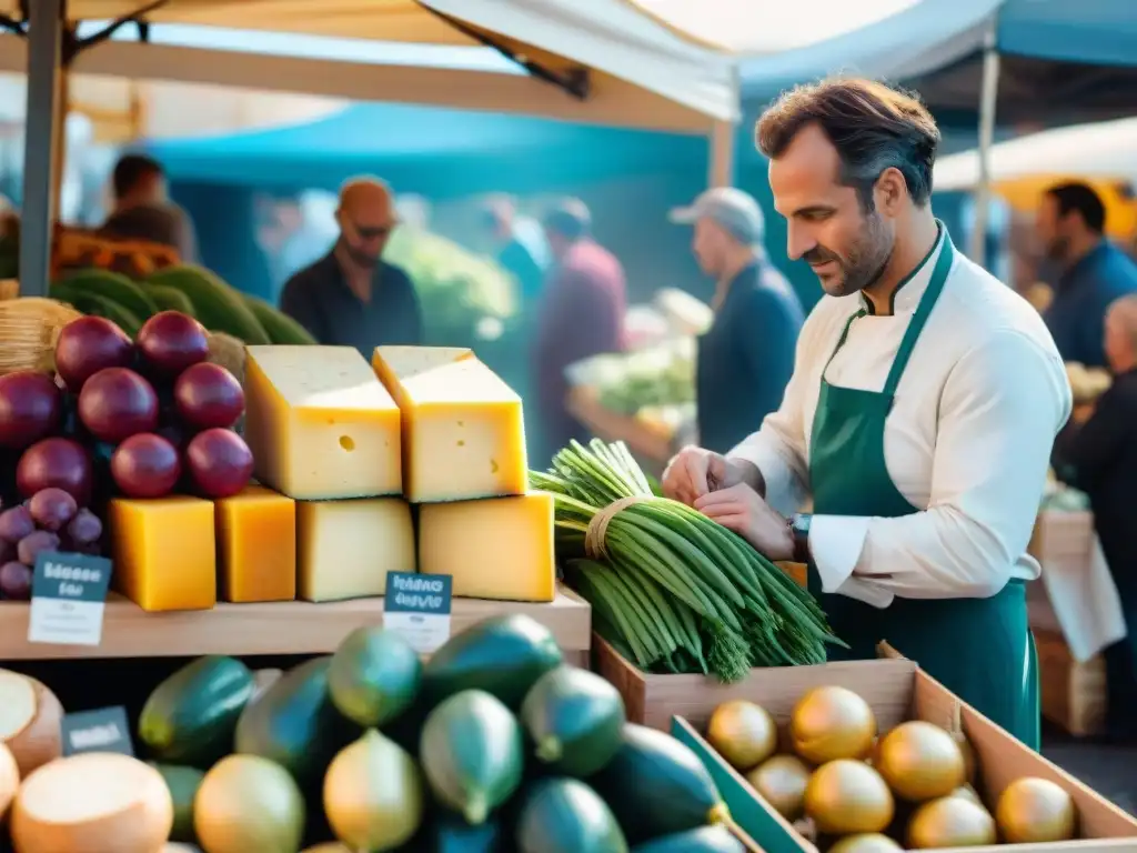 Un vibrante mercado francés con puestos de productos frescos, quesos artesanales y hierbas aromáticas