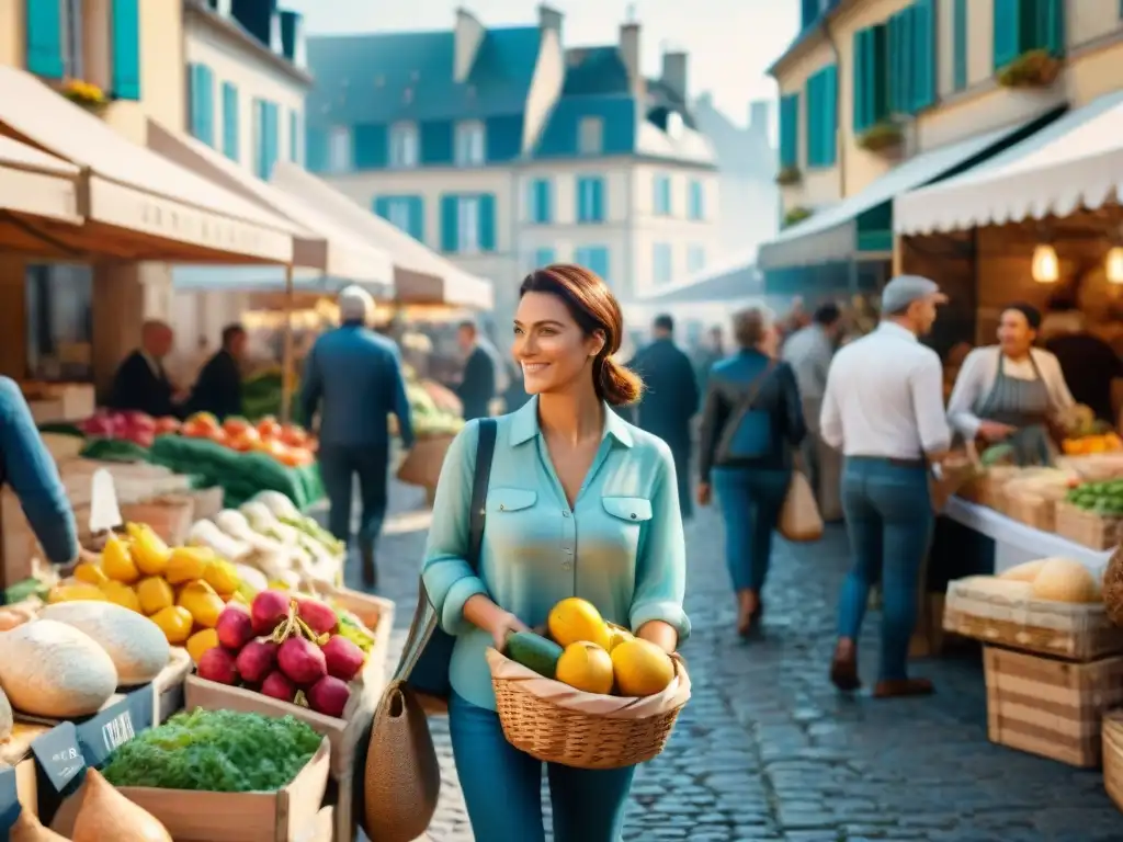 Un vibrante mercado francés con puestos de frutas, quesos y pan