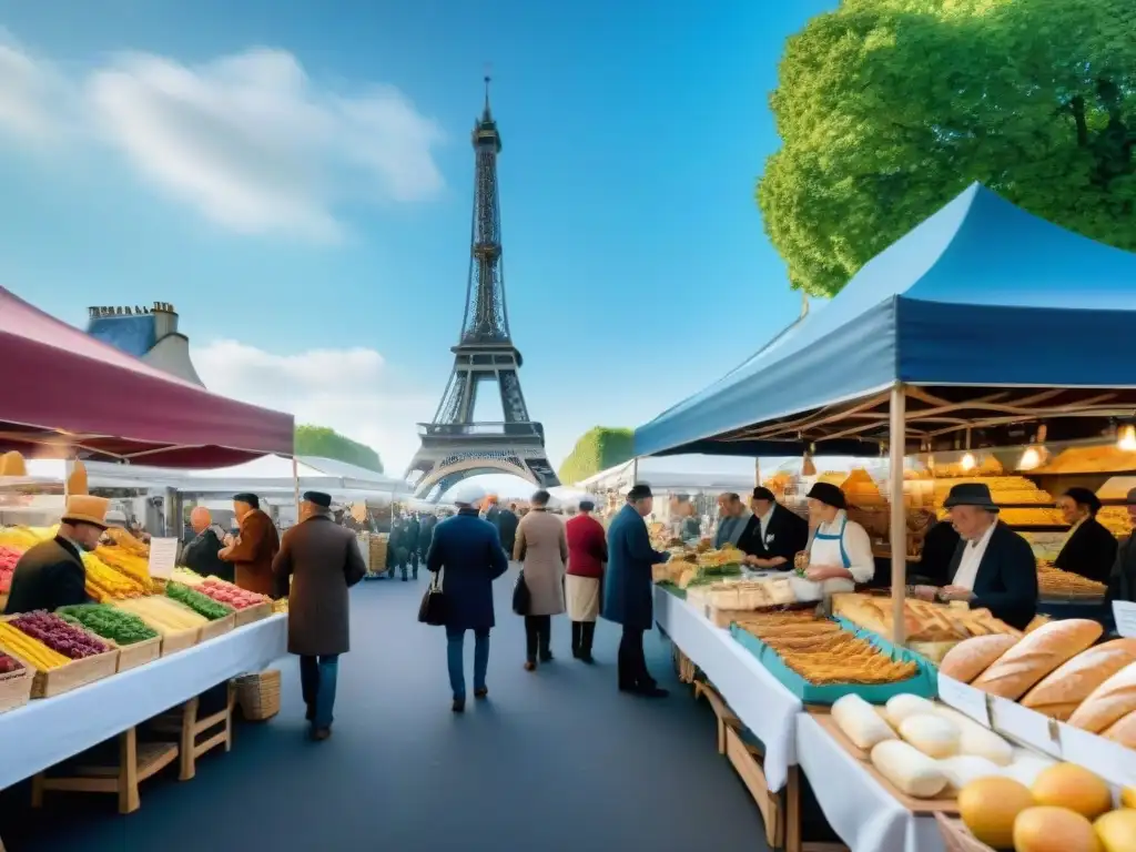 Vibrante mercado francés con puestos llenos de baguettes, quesos y frutas frescas, vendedores y clientes conversando en francés, bajo un cielo azul con la Torre Eiffel al fondo