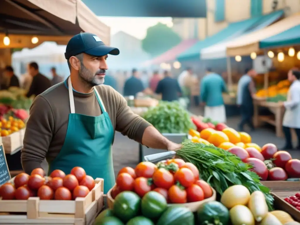 Un vibrante mercado francés temprano, con puestos de productos frescos y cursos de cocina francesa fresca