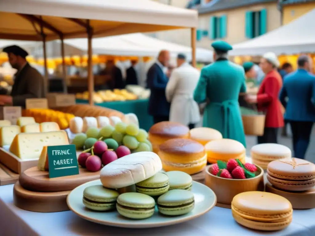 Vibrante mercado francés: quesos, baguettes, macarons y vinos