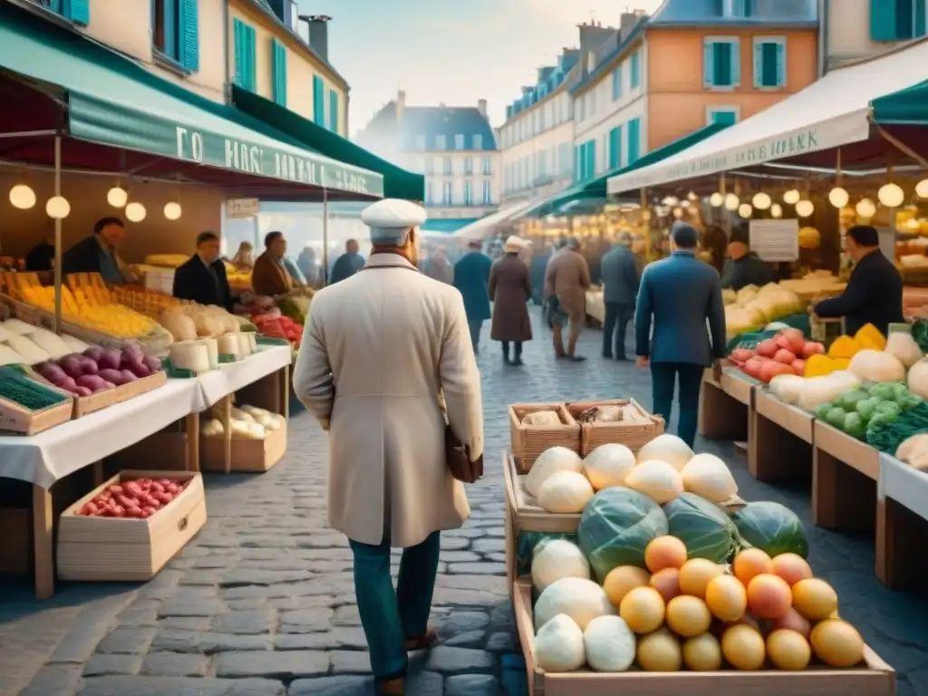 Vibrante mercado francés con gastronomía, vinos y quesos, bajo el sol matutino